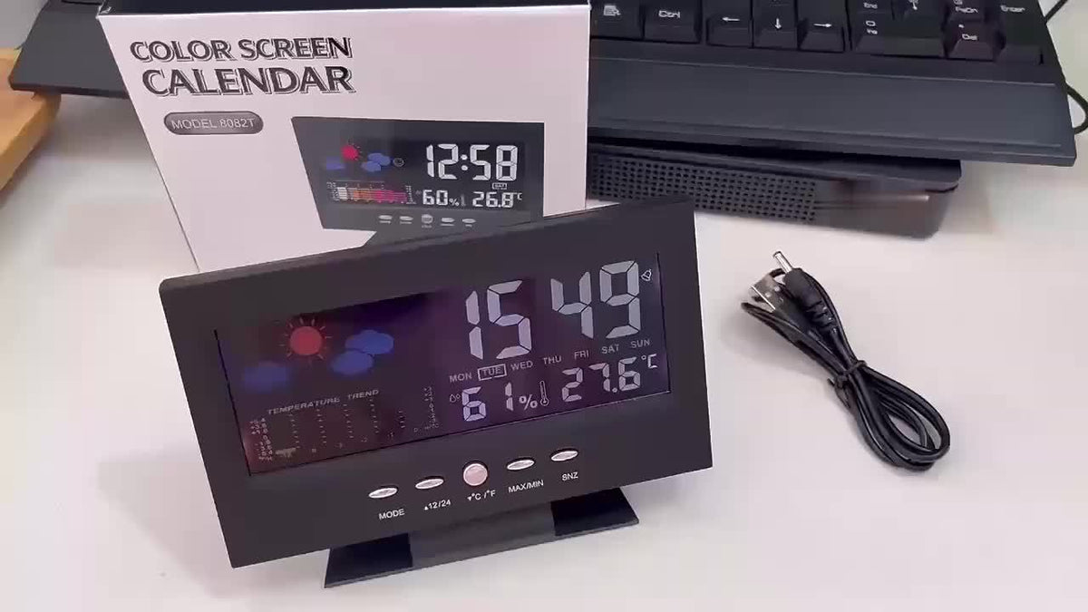 Two Intelligent Weather Stations with Digital Alarms That Monitor Indoor And Outdoor Temperature And Humidity. They Feature a Usb-Powered Desktop Clock with Delay, Adjustable LED Brightness, Automatic Dimming, And a 12/24-Hour Format