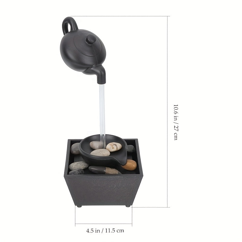 Zen Teapot Water Fountain Lamp with Soothing LED Glow & Water Flow - Black Resin Relaxation Fountain, Pebble Bed for Home/Office Decor,, Meditation Aid, Warm Light Gift for s ( Operation)