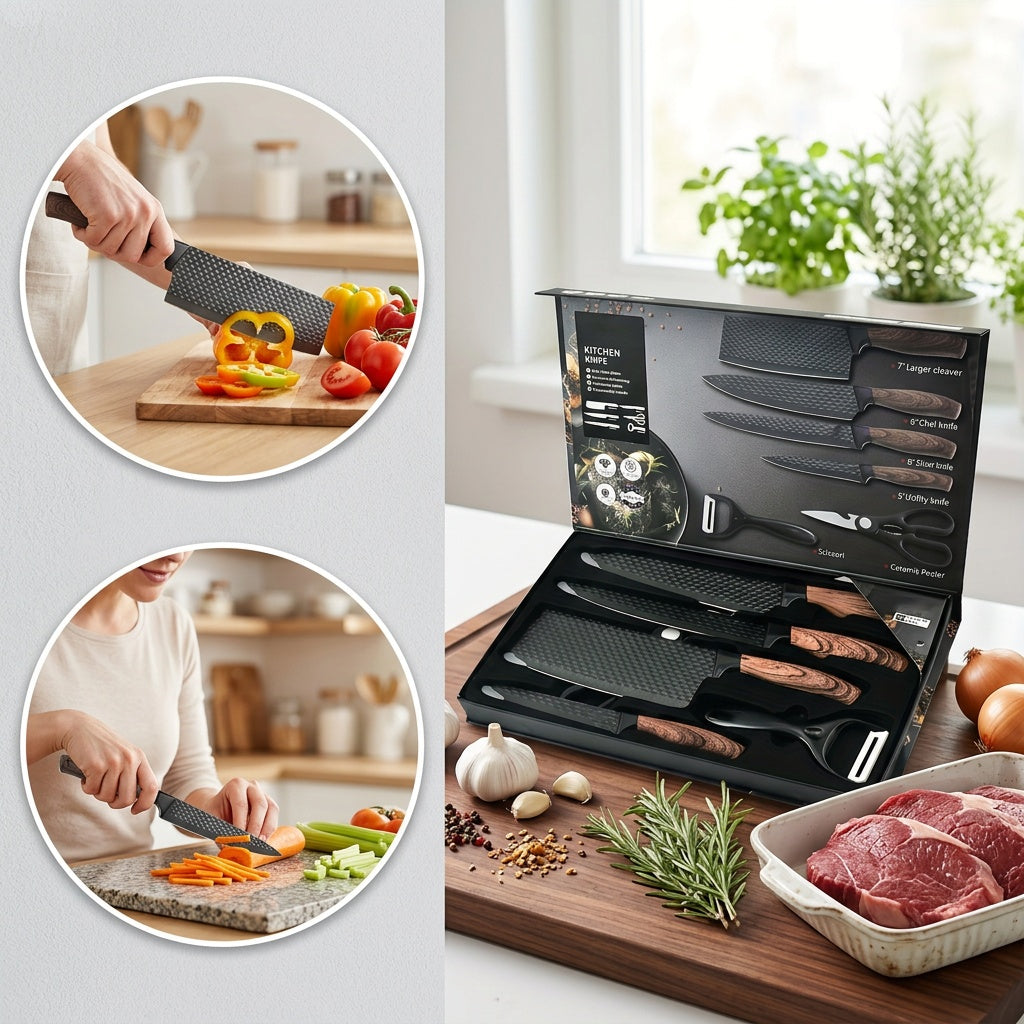Professional 6/7pcs Cooking Utensil Set, Practical Knife, Peeler, And Scissors Made Of High-carbon Stainless Steel With Ultra-sharp Edges And Non-stick Ergonomic Wooden Handles. Chef'S Knife Set, Suitable For Family Travel, Vegetable, Meat