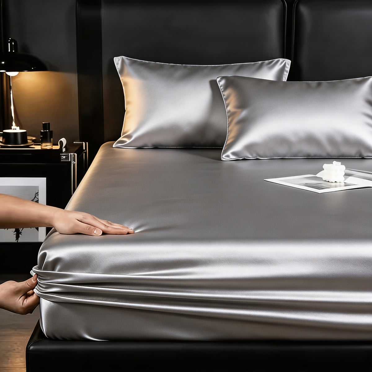 Luxury Satin Bedding Set, Cool And Breathable, Soft Satin Fitted Sheet, Five-Star Luxury Bedding, Twin(Fitted Sheet ×1+Pillowcase ×1), Full.Queen.King(Fitted Sheet ×1+Pillowcase ×2), Apartment, Bedroom, Guest Room, Halloween Christmas Gift