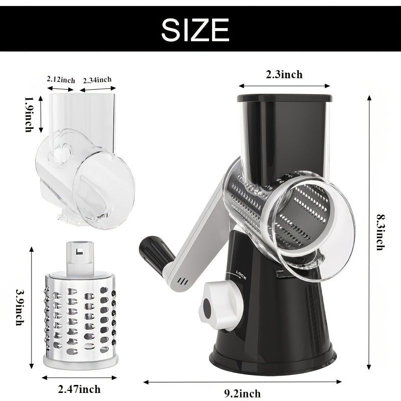 Rotary Cheese Planer Hand Crank Cheese Shredder Fresh Cheese, Vegetable Nuts, Non-Slip Suction Base, Free Cleaning Brush Three Blades