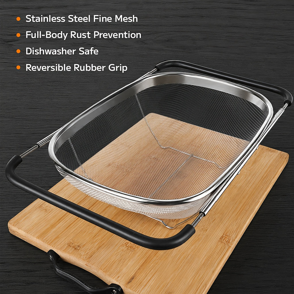 Expandable Stainless Steel Filter Over the Sink Colander - Strainers and Colanders - Sink Strainer Basket - Expandable Fine Mesh Strainer with Rubber Grip for Veggie, Fruits, Pasta, Home Kitchen Essentials