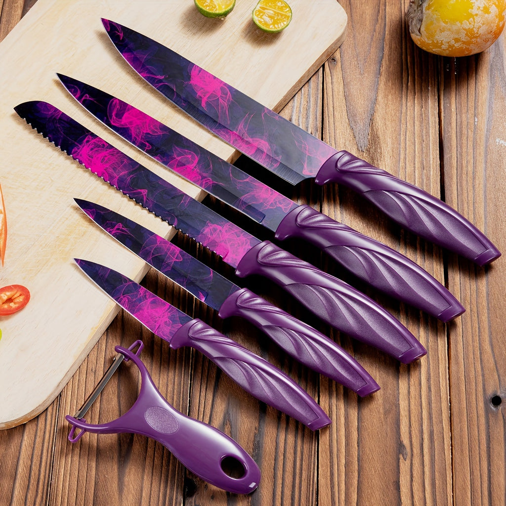 6pcs High-carbon Stainless Steel Sharp Kitchen Knife Set, Kitchen Knife Set And Block Chef Knife, Bread Knife, Scissors, Sharpening Knife, Kitchen Essentials, Dishwasher Safety, Anti-slip Handle, Best Gift for Halloween And Christmas