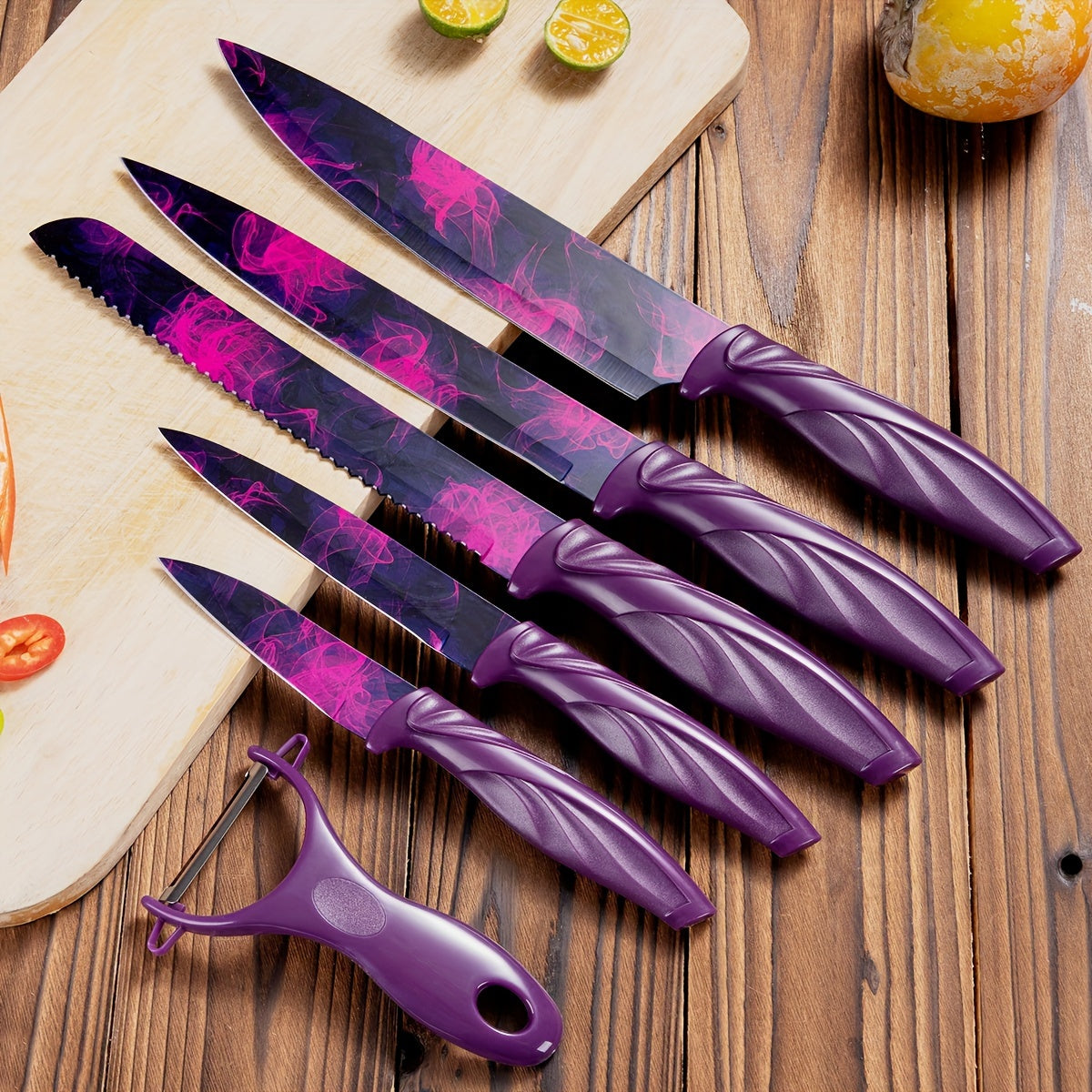 6pcs High-carbon Stainless Steel Sharp Kitchen Knife Set, Kitchen Knife Set And Block Chef Knife, Bread Knife, Scissors, Sharpening Knife, Kitchen Essentials, Dishwasher Safety, Anti-slip Handle, Best Gift for Halloween And Christmas
