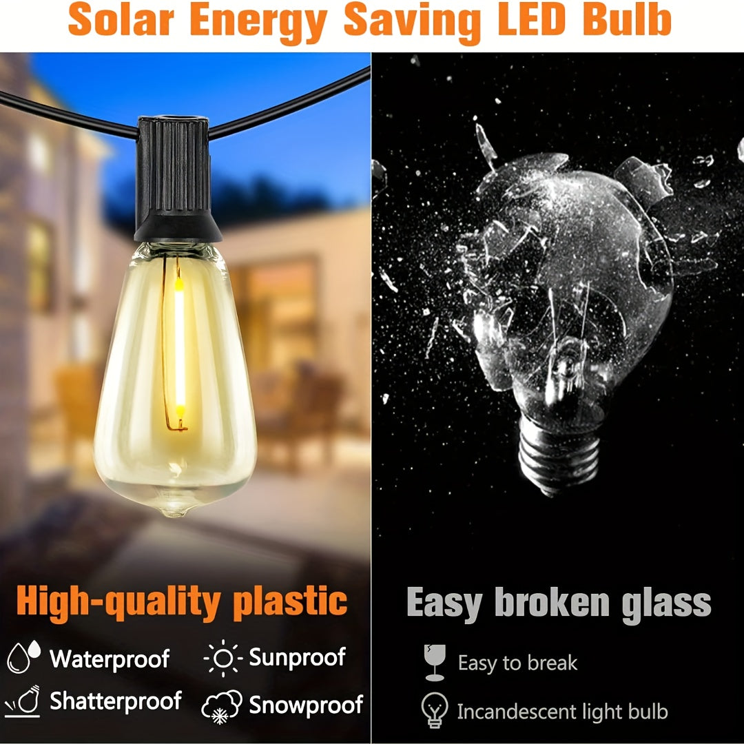 50/ 100 Ft Solar Outdoor String Light, Usb-Rechargeable Patio Rope Light, 2700K Warm White, Weather Resistant Material, 12+1/ 24+1 Breakproof ST38 E12 Bulb for Patio, Backyard, Porch, Outdoor Pool