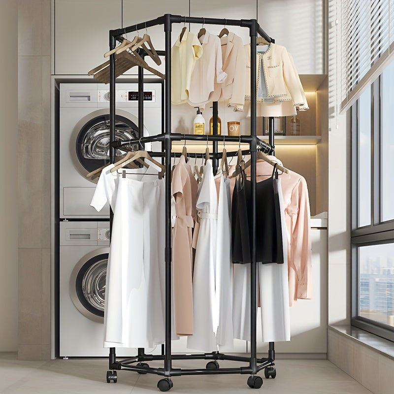 Hexagonal Rotating Garment Rack with Wheels - Heavy-Duty Freestanding 360-Degree Spinning Hanger Suitable for Laundry Room, Space-Saving Mobile Clothing Display, Sturdy Metal Frame for Home Storage & Retail Use, Portable Wardrobe