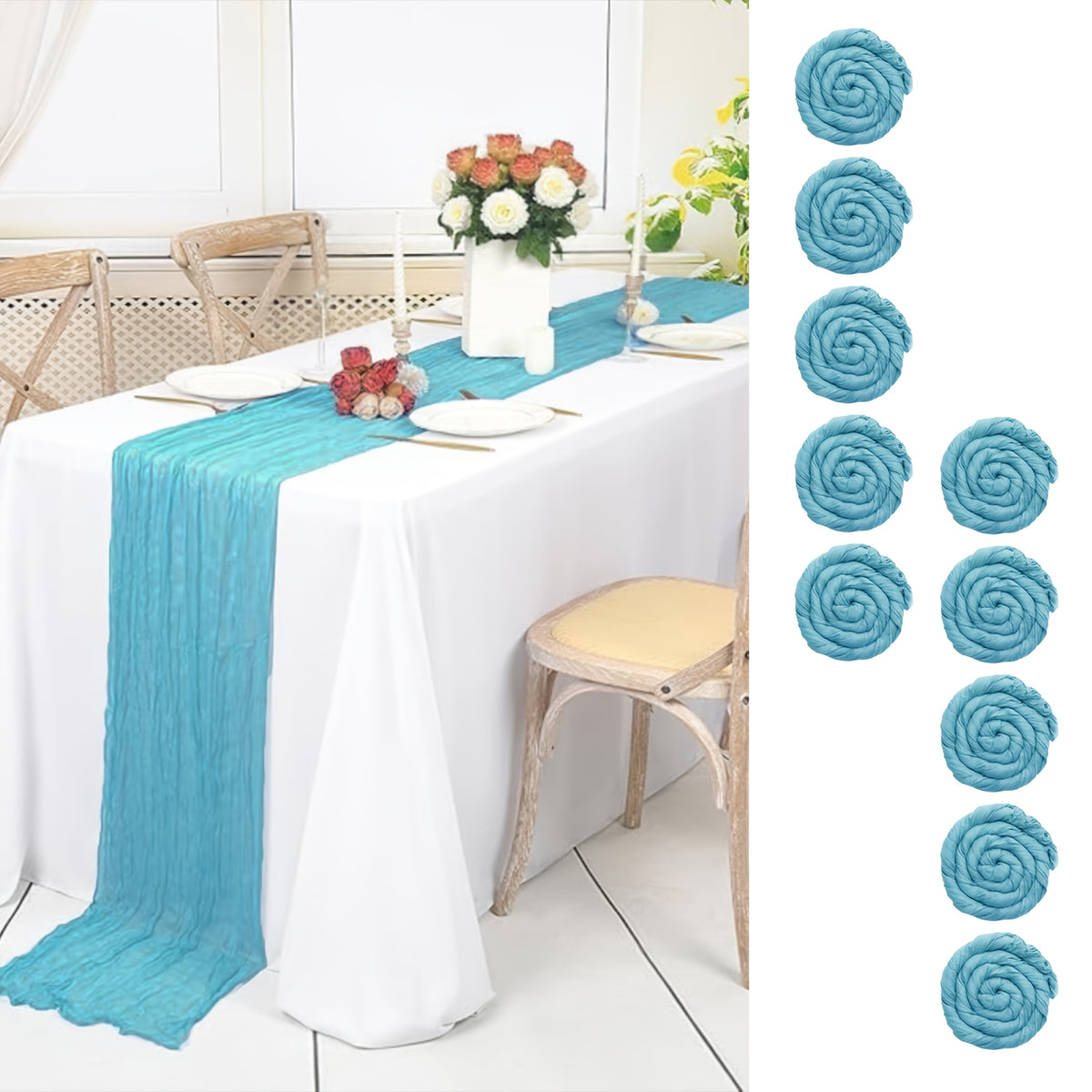 10pcs Pcs Cheesecloth Table Runner Suitable for Wedding Reception, -Edged Sheer Gauze Table Decor with -Edged Edges, Rectangular Runners for Boho Rustic Bridal Shower, Birthday Party, Graduation, Outdoor Events - Multi-Color