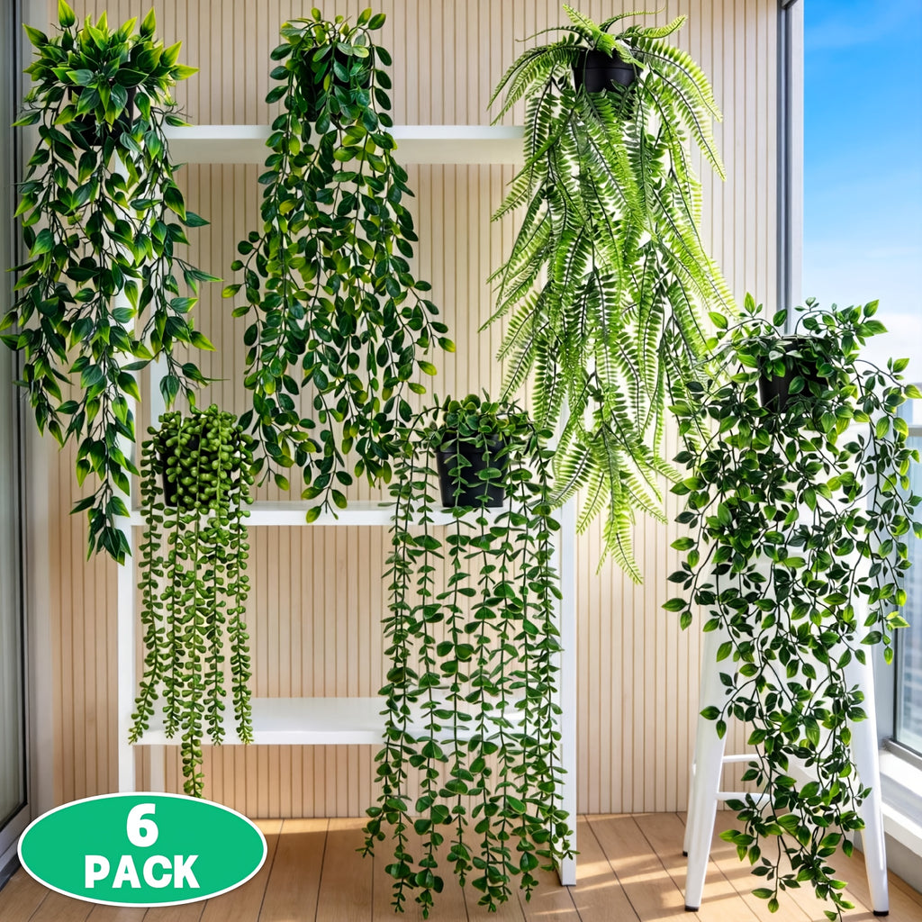 Der Rose 6/8 Packs Fake Plants Hanging Artificial Ivy Vine Faux Eucalyptus Plants In Black Pots For Bathroom Wall Shelf Bookshelf Decor Indoor