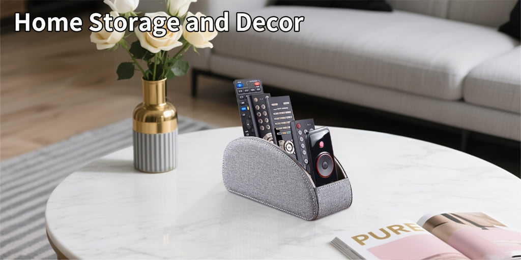 Remote Control Holder with 5 Compartments, Faux Leather Multifunctional Desktop Storage Box/Remote Organizer Caddy/Pen Case/Home Storage Container for Remote Controls, Pens, Eyeglasses, Makeup Brushes, Office Stationery, etc. Home Decor and Accessor