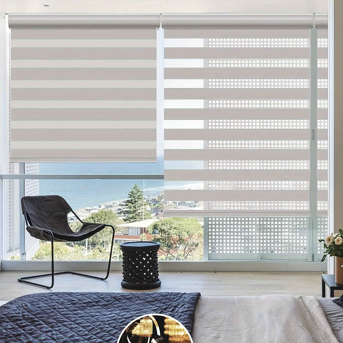 Cordless Zebra Roller Shade with Valance, Double Layered Window Blind for Day And Night, Light Filtering Window Treatment with Mesh And Opaque Fabric
