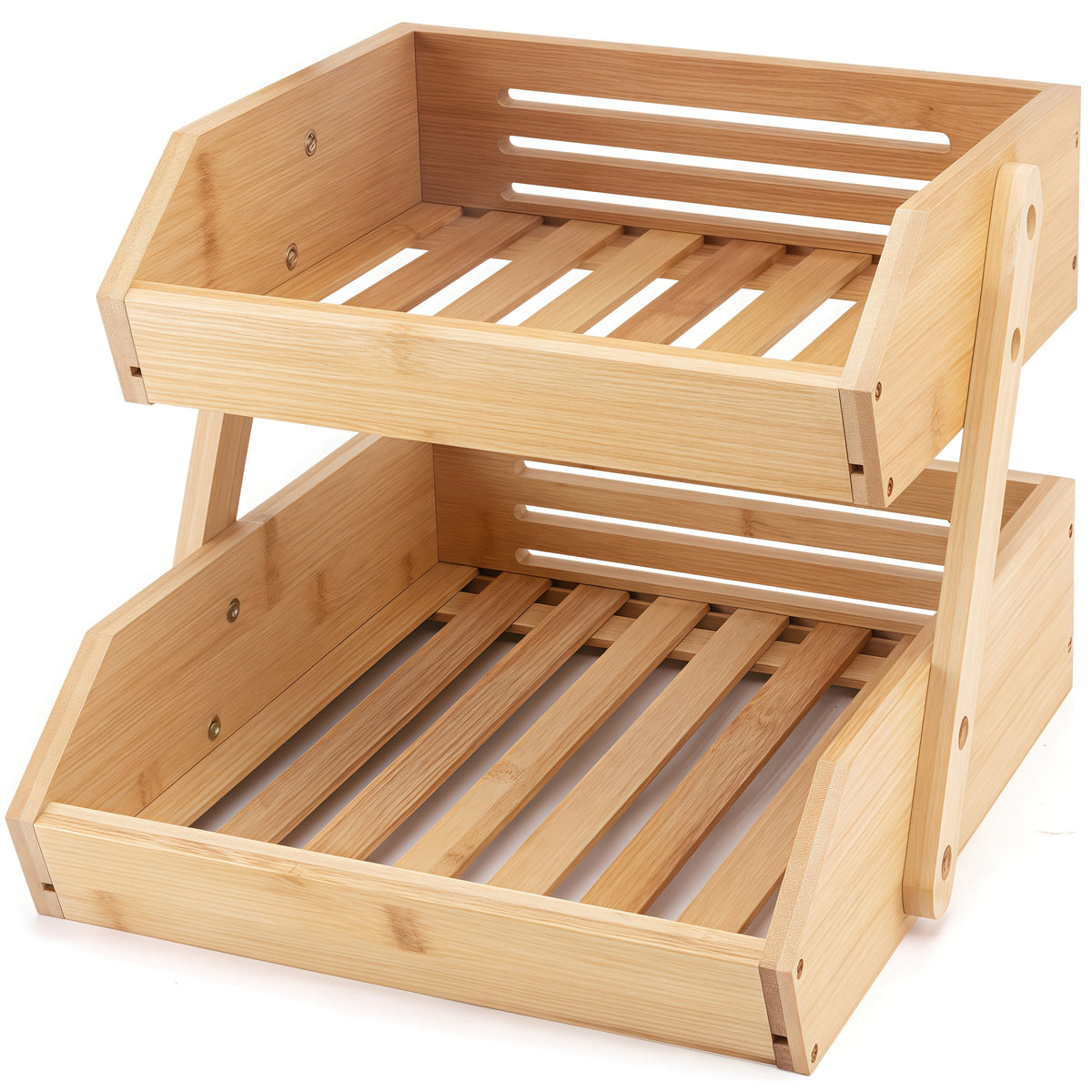 3/2-Tier Wooden Fruit Basket Stand - Large Capacity Kitchen Organizer with Open Slat Design for Vegetables, Bread & Produce | Multi-Level Countertop Storage Shelf - Easy Assembly & Natural Wood Finish