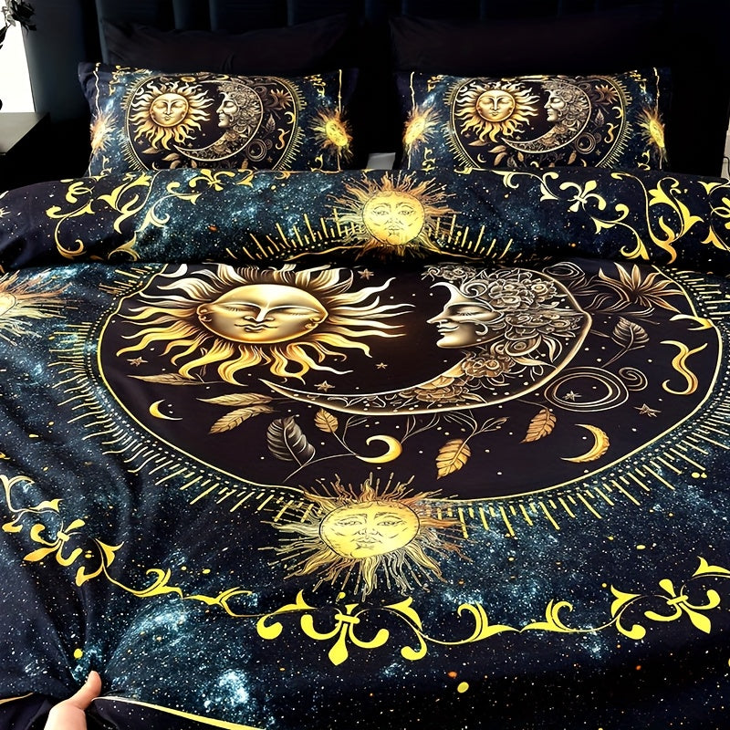 3-Piece Ultra-Soft Breathable Golden Sun Moon Planet Duvet Cover Set (1 Duvet Cover + 2 Pillowcases, Pillow Inserts Not Included), High-Definition Digital Print for Home and Dormitory Use