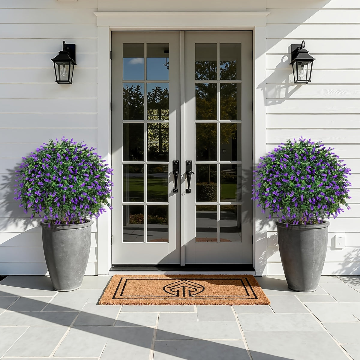 2 Pack Artificial Plants for Outdoor Front Porch Decor, Artificial Lavender Topiary Ball Trees with Ground Spike, UV Resistant Faux Cedar Shrubs Evergreen Plants for Indoor Outdoor Front Porch Garden Backyard Decor