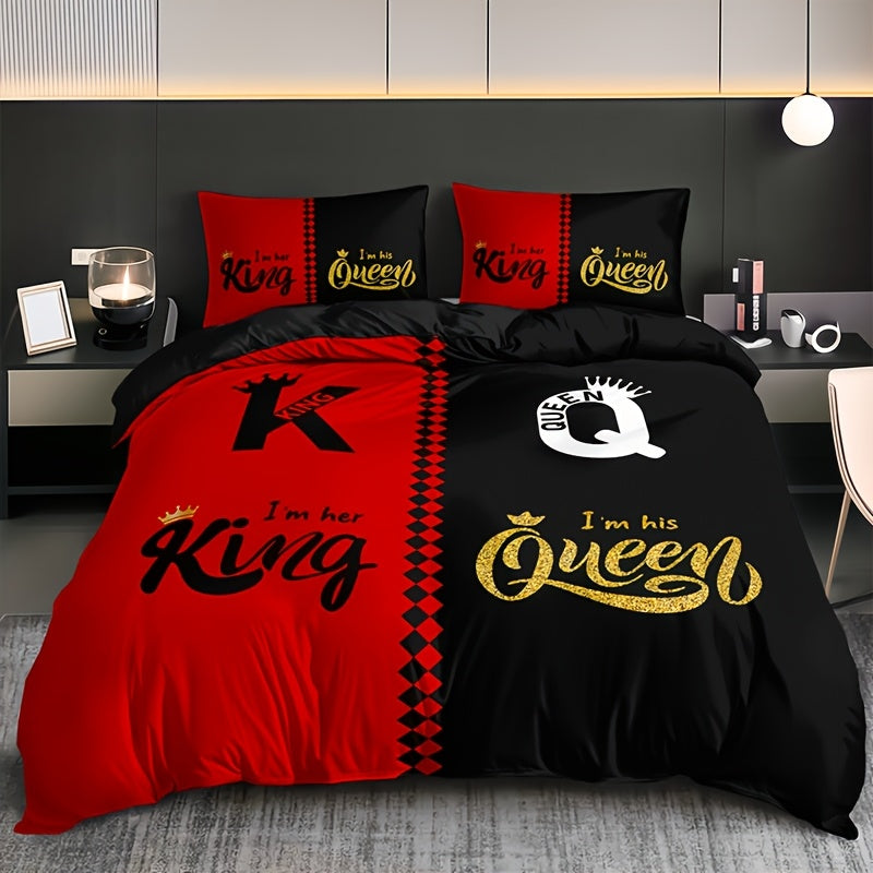 3pcs Super Soft Breathable Crown King And Queen Letter Duvet Cover Set (1 Duvet Cover+2 Pillowcases Without Pillow Core), at Home Dormitory High Definition Numerical Code Printing for Bedroom, Guest Room Decor, Suitable for All Seasons