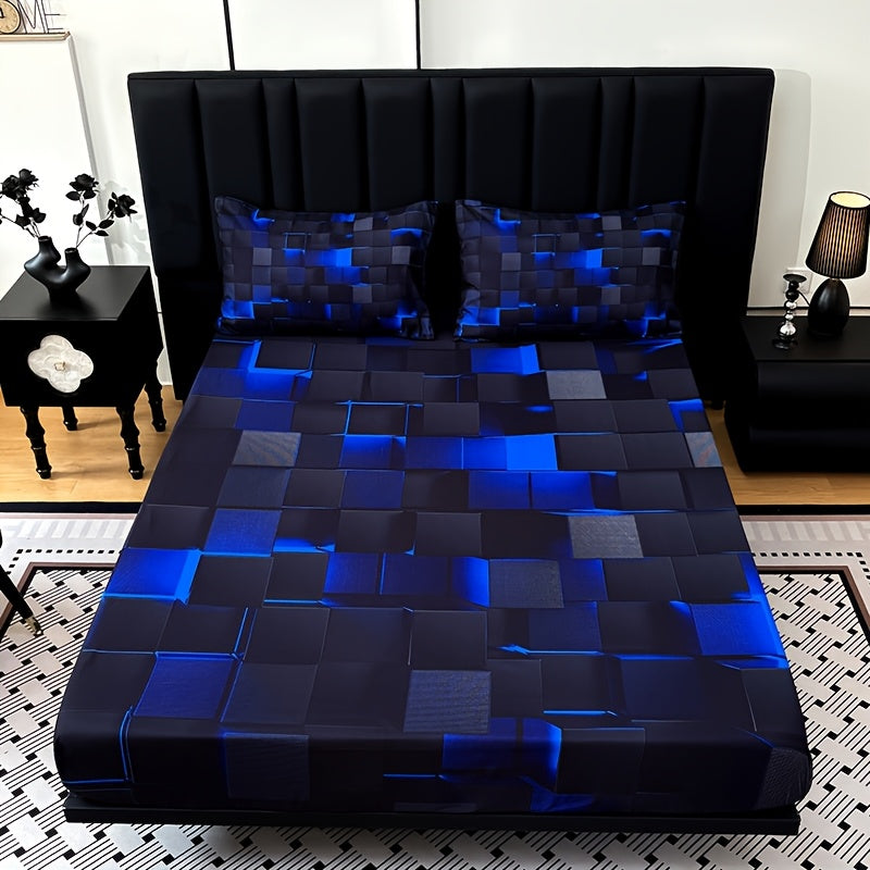 2D Flat 3pcs Cool Technology Digital Printing Material Plaid Fitted Sheet(1pc Bed Sheet+2pcs Pillowcase No Filling) Deep Pocket In 15 Inch, At Home Dormitory Suitable for All Seasons Mattress Protector