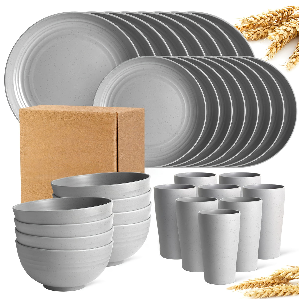[Unbreakable Dinnerware Set] 32/16/4pcs Wheat Straw Dinnerware Set | Service for 8/4, Large Size Modern Dish Set-Plate/Dessert Plate/Bowl/Cup, Lightweight Tableware, Perfect for Camping, Gifts for Christmas/Halloween, Local Warehouse Items