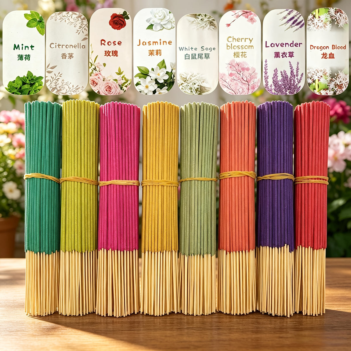 Premium Bamboo Incense Stick Set with Eight Distinctive Fragrances: Sage, Lavender, Pink Cherry Blossom, Mint, Jasmine, Dragon'S Blood, Rose, And Lemongrass. 23 Sticks for Each Scent, Perfect for Creating an Elegant Indoor Atmosphere