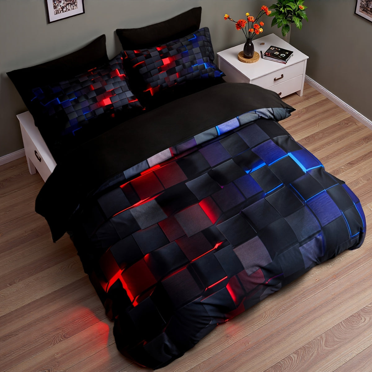 2/3pcs Cool Tech Digital Print Duvet Cover Set for All Seasons, Available In Red And Blue, In Four Sizes (Twin, Double, Queen, King)(1 Duvet Cover + 1/2 Pillowcase, No Filling), Gifts for The Family