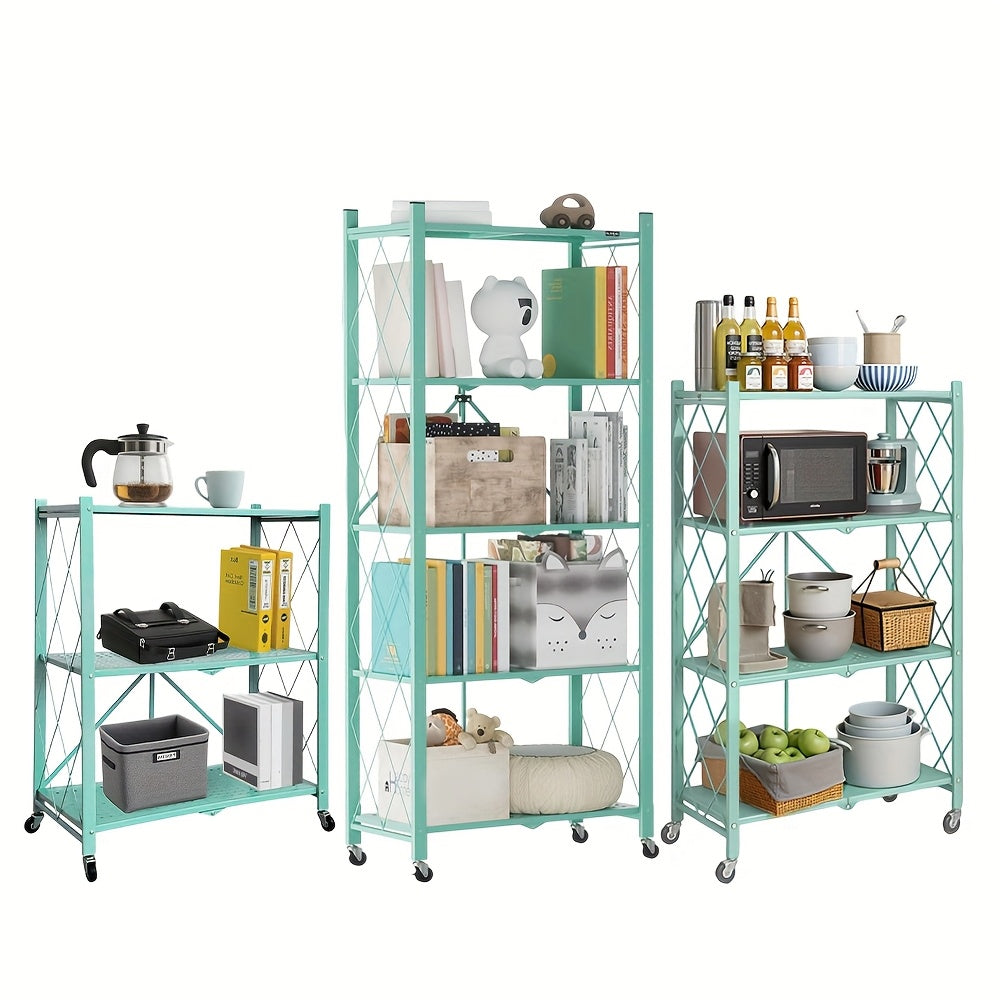3/4/5- Tier Movable Vertical Multi-Functional Storage Racks, Portable Metal Folding Storage Racks with Locking Wheels, Large - Capacity Kitchenware Storage Racks That Require No Installation. Suitable for Families, College Dormitories