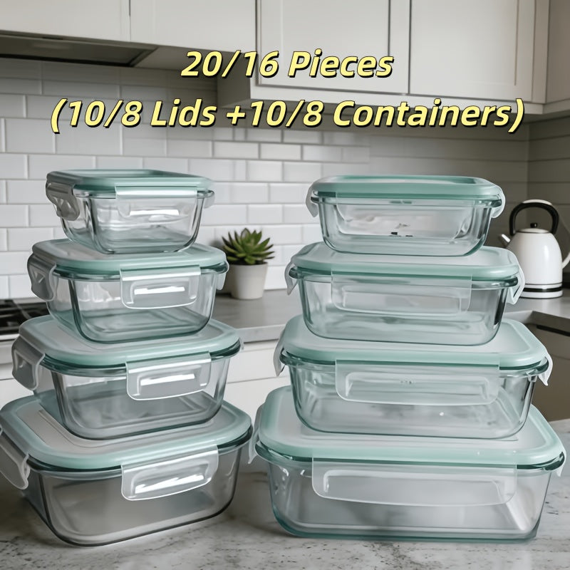 20/16pcs (10/8 Lids 10/8 Containers) Airtight Glass Food Storage Container, Outdoor Picnic, Lunch Boxes, Microwave, Oven Safe Perfect for Salads, Fruits, Vegetables And Sandwiches, Lunch Boxes | Airtight Storage | Durable Glass | Food Storage Set
