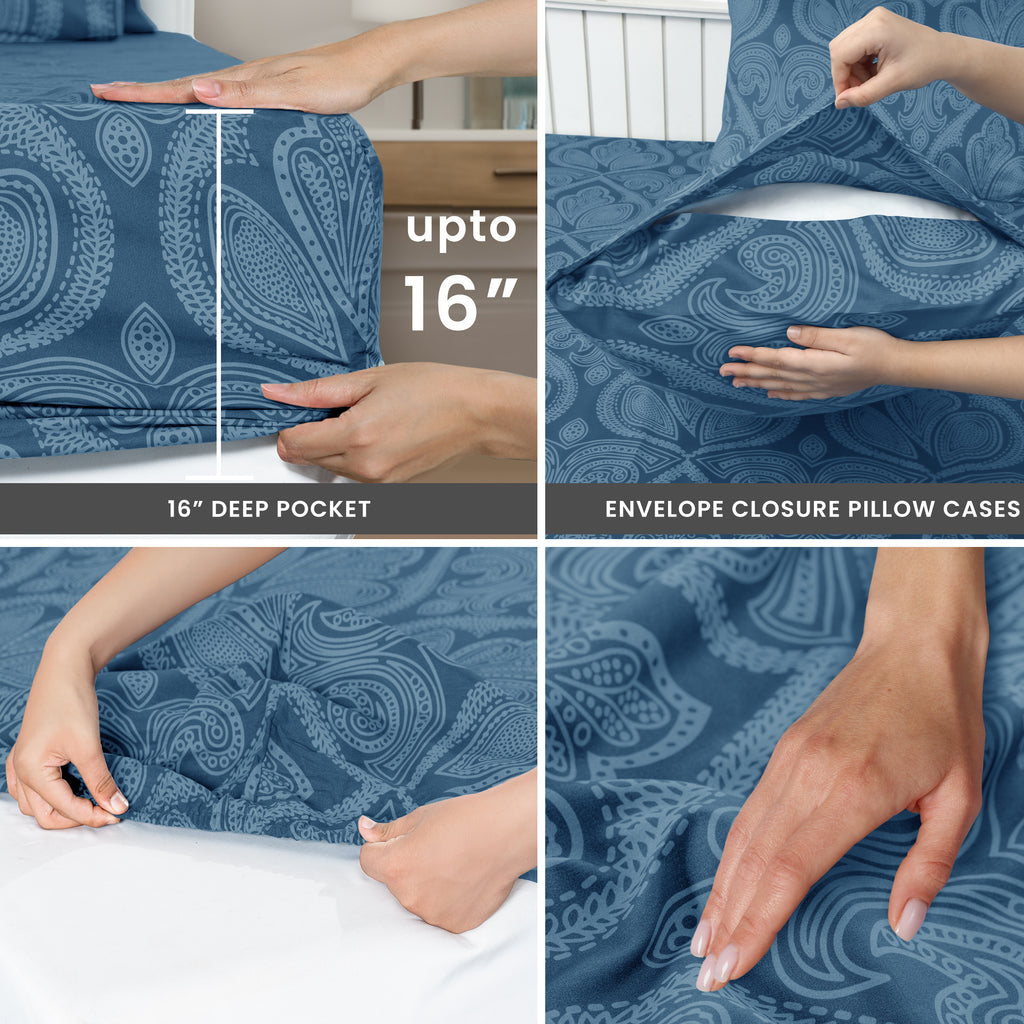 Paisley Bed Sheet Set, Soft Double Brushed Microfiber Bedding with 16-Inch Deep Pocket Fitted Sheet and Pillowcases in Six Sizes for Bedroom Comfort