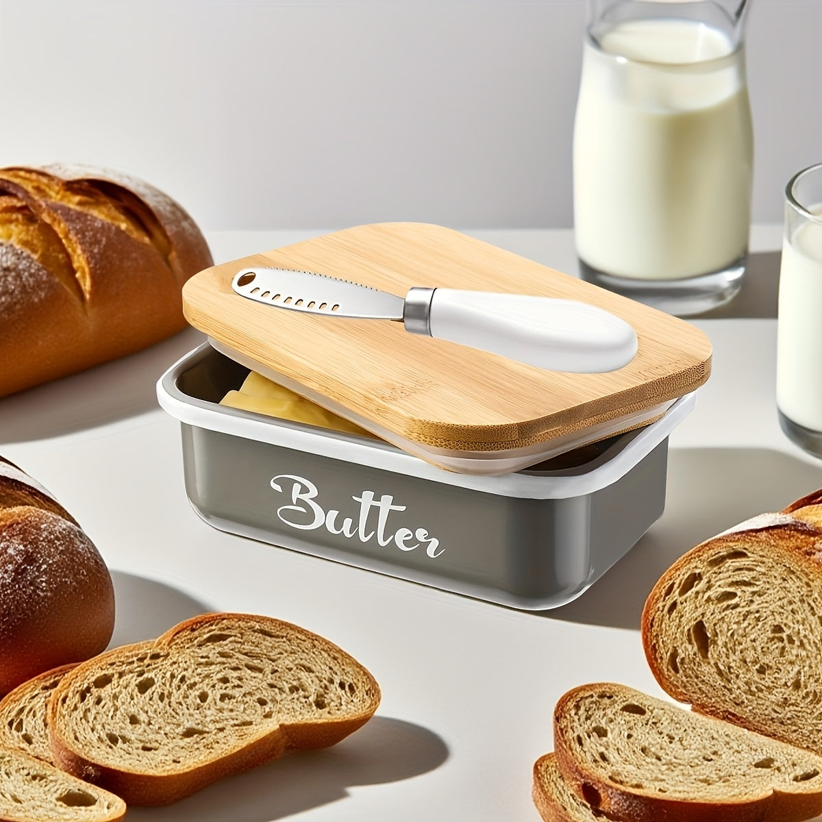 Butter Dish with Bamboo Lid and Knife, Iron Covered Butter Storage Container in Black Grey or Green for Breakfast Tables and Kitchen Organization
