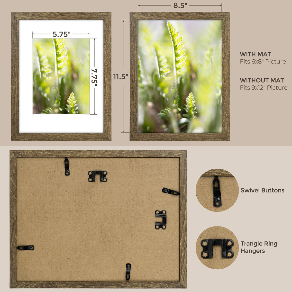 6 Packs 6x8/8x10/9x12/11x14/16x20 Picture Frames Set, Engineered Wood Gallery Wall Frame Set with Plexiglass - Wall Mounting or Tabletop Display