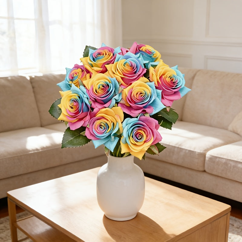 Artificial Rainbow Rose 10 Stems Flowers with Bendable Plastic Stems for Wedding Centerpieces Home Decor Gifts 13. 5 Inch