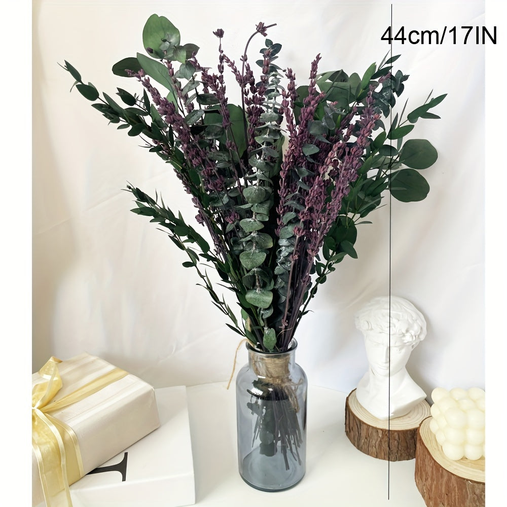60+ Pcs Dried Preserved Eucalyptus Stems & Purple Lavender Flowers for Shower, 17'' Hanging Silver Dollar Eucalyptus Leaves Stems, Fragrance Home Bathroom Decor