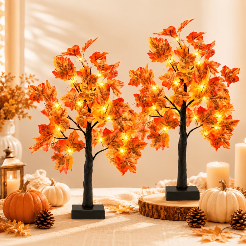 2pcs Thanksgiving & Autumn Table Lamps, 21.26 Inch Tree Lights Decorated with Fall Maple Leaves, Artificial Decor Trees with 24 Battery-Powered LEDs, Ideal for Indoor Spaces, Home Rooms, Balconies, Holiday Events And Halloween Parties