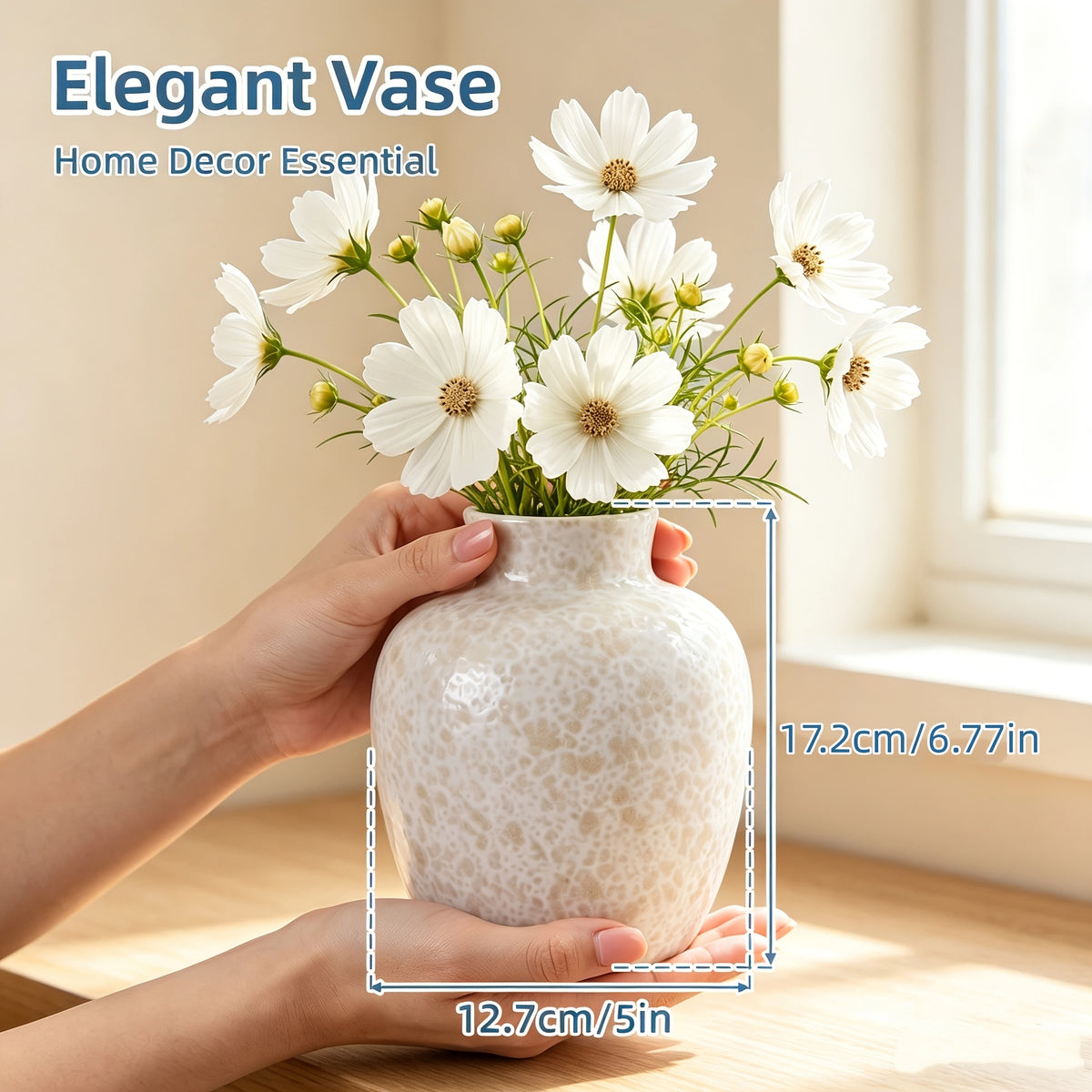 TOMNK Ceramic Farmhouse Vase with Handle - Vintage Base Suitable for Shelf, Coffee Table Centerpiece, Rustic Tabletop Vase for Books & Decor, Ceramic Flower Holder for Fireplace Mantel, Bookshelf, Dining Desk Decoration