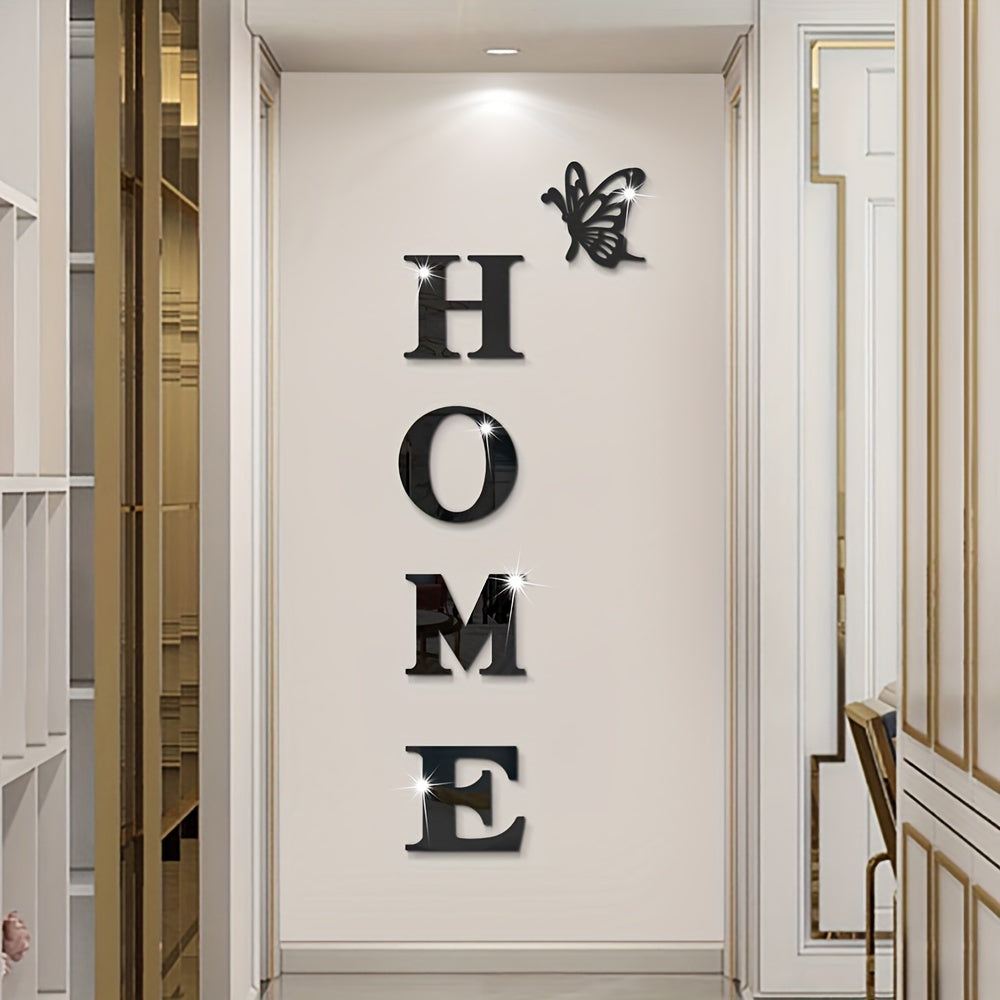 1 Set Of Acrylic 3D Letters And Butterfly Family Logo Wall Stickers - Self-adhesive And Removable, Mirror Effect, Suitable For Living Room, Bedroom, Kitchen Decoration, Ideal For, Autumn Home Decoration, Christmas, Halloween Decoration