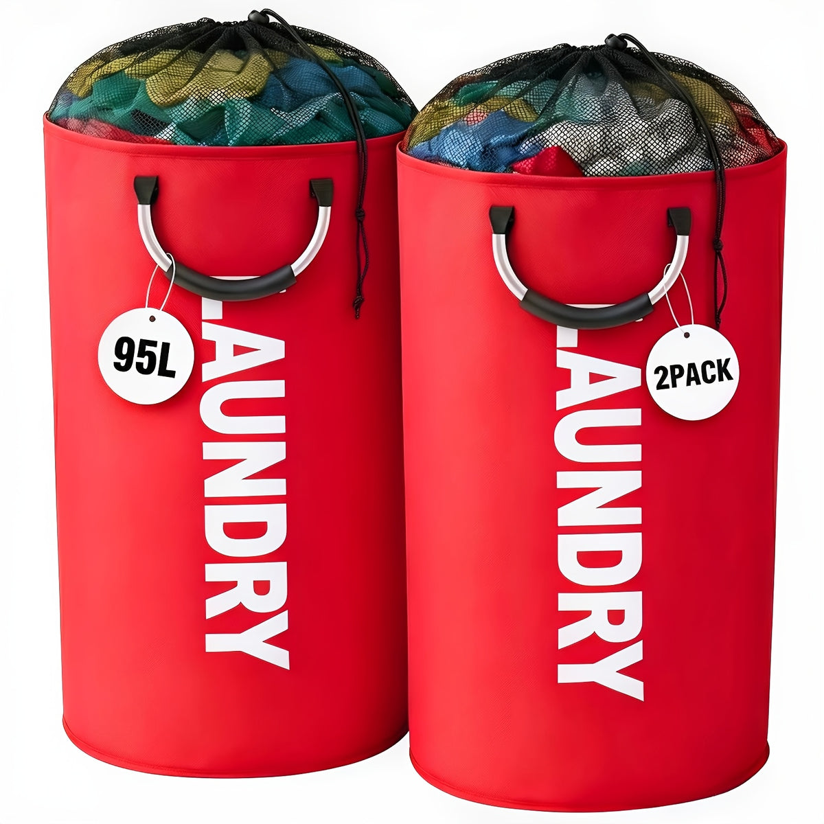 2-Pack Extra Large 25.1gal/30.38gal Foldable Laundry Baskets with New Drawstring Closure Design, Multi-Purpose Fabric Clothes Storage Baskets for Bathroom, Bedroom, Outdoor, And Dorm (Space-Saving Design); Each with Ring Handles, Premium Laundry Storage B