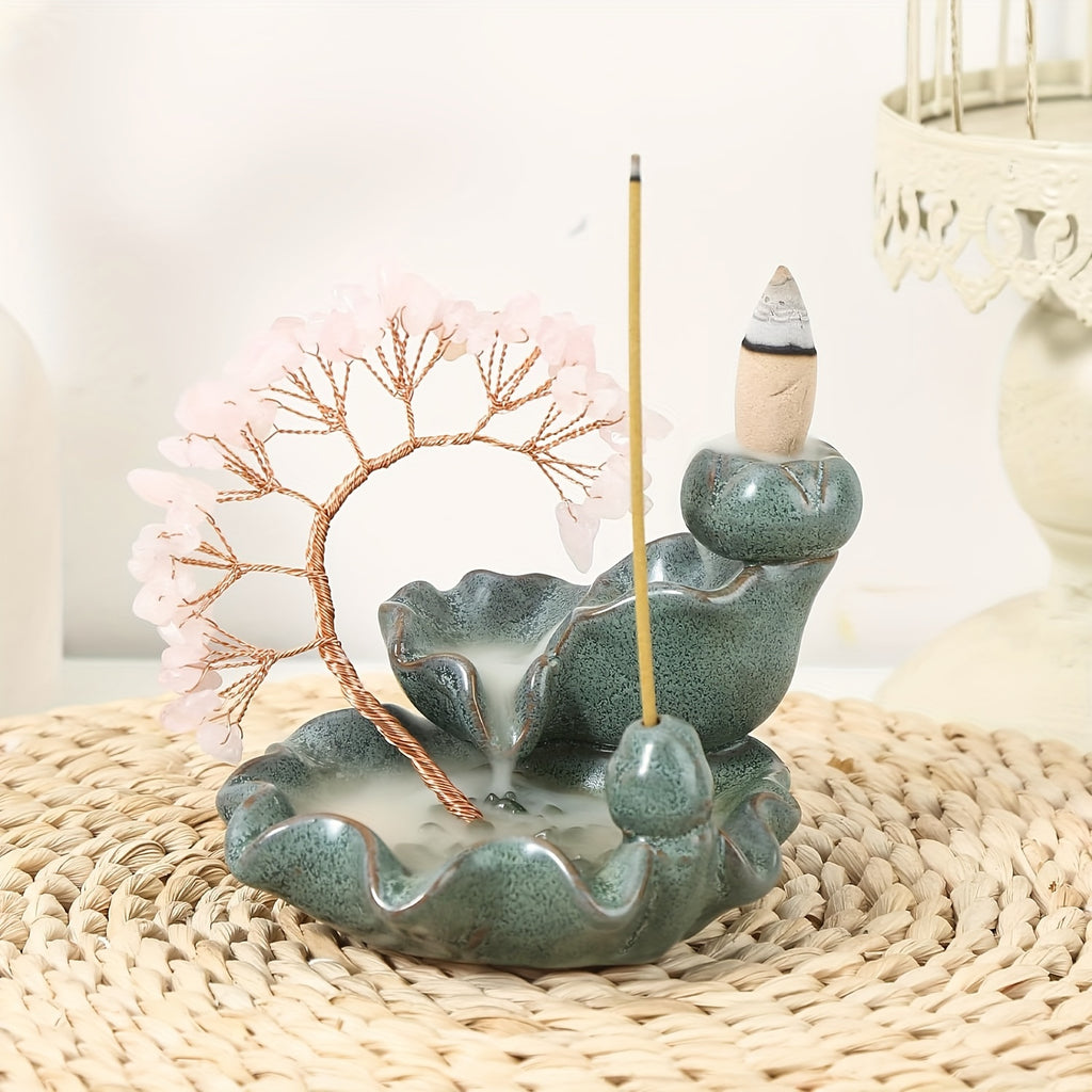 A Ceramic Incense Holder with 7 Flowing Water Crystal Money Trees, Suitable for Yoga Meditation And Home Decoration.