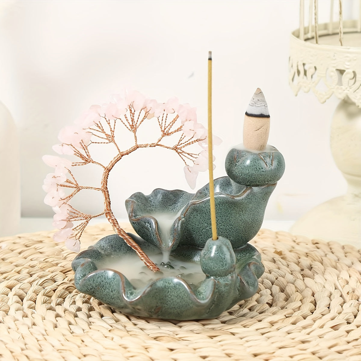 A Ceramic Incense Holder with 7 Flowing Water Crystal Money Trees, Suitable for Yoga Meditation And Home Decoration.