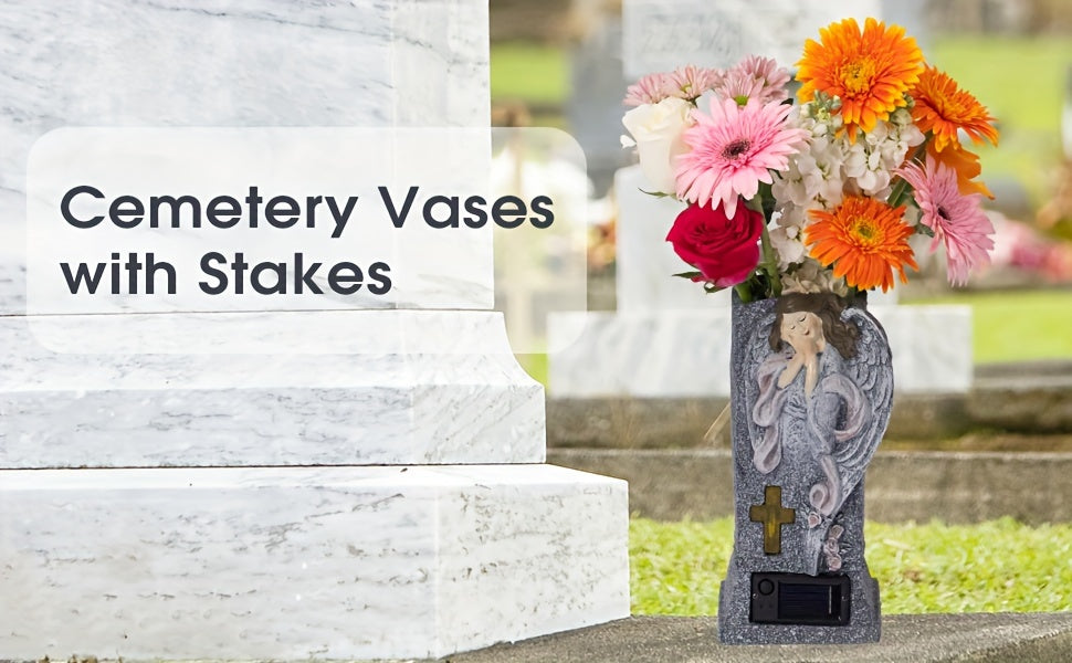 Solar Cemetery Grave Vase with LED for Fresh/Artificial Flowers Headstones Vases with Spikes Gravestone Decor Memorial Gifts for Loss of Loved One