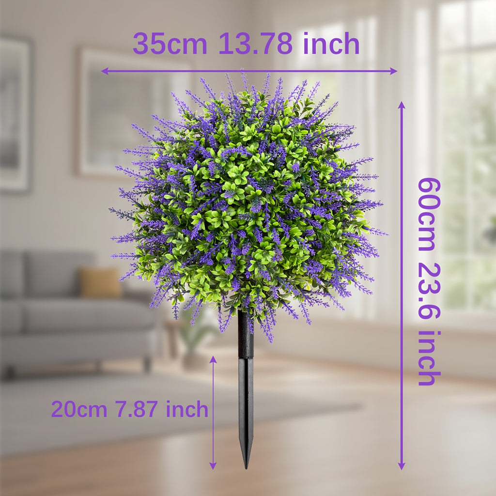 Artificial Lavender Topiary Ball Trees, 2-Pack 23.6-Inch UV-Resistant Faux Plants with Ground Spikes for Outdoor Front Porch, Patio and Garden Decor