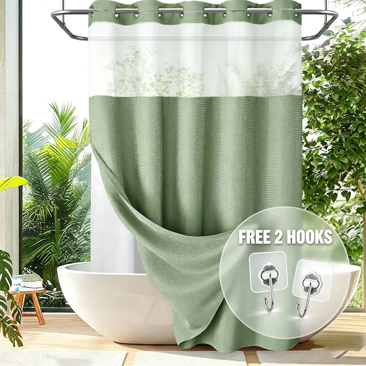 Hookless Shower Curtain with Snap Liner - Suitable for Home & Hotel Bath Curtain, Multicolor Waffle Window, Double Layer Panels, Hand Washable Curtain with Liner Set, No Hooks Required for Bathroom Decor Gift