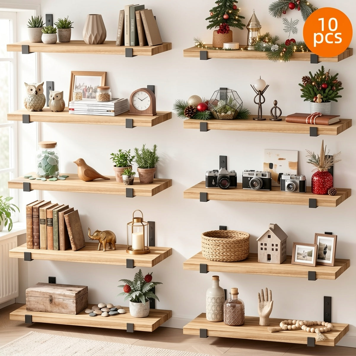 Floating Shelves 10-Piece Set, 15.8 x 5.9 Inch Wall Display Shelves for Books, Small Plants, Photos and Collectibles in Bedroom, Kitchen and Living Room
