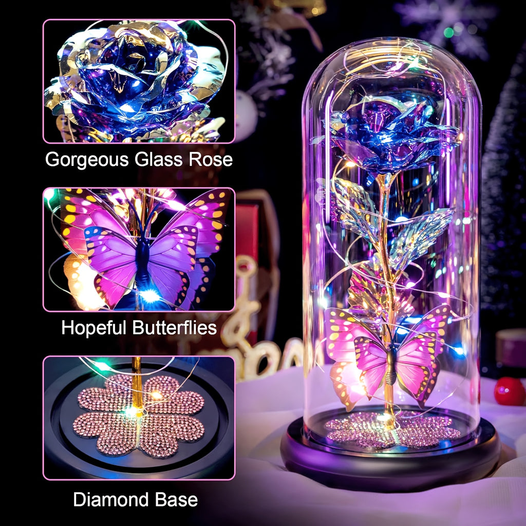1pc Mother'S Day Rose Gift for Mother, Galaxy Glass Rose Forever Eternal Crystal Flower Glow Rose Glass Dome And Butterfly Birthday Flower Gift for Women'S Mother, Wife, Sisters, Daughter, Purple