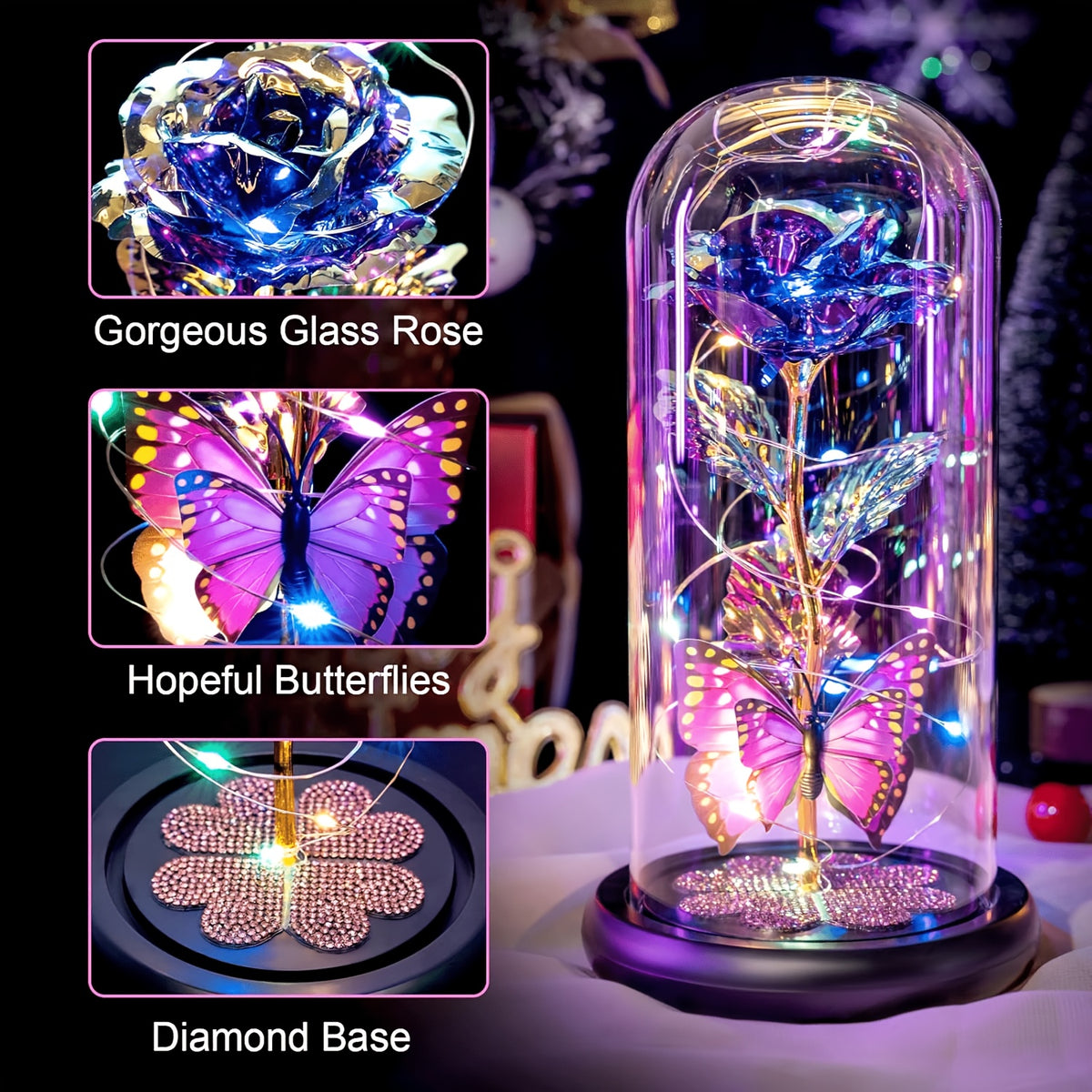 1pc Mother'S Day Rose Gift for Mother, Galaxy Glass Rose Forever Eternal Crystal Flower Glow Rose Glass Dome And Butterfly Birthday Flower Gift for Women'S Mother, Wife, Sisters, Daughter, Purple