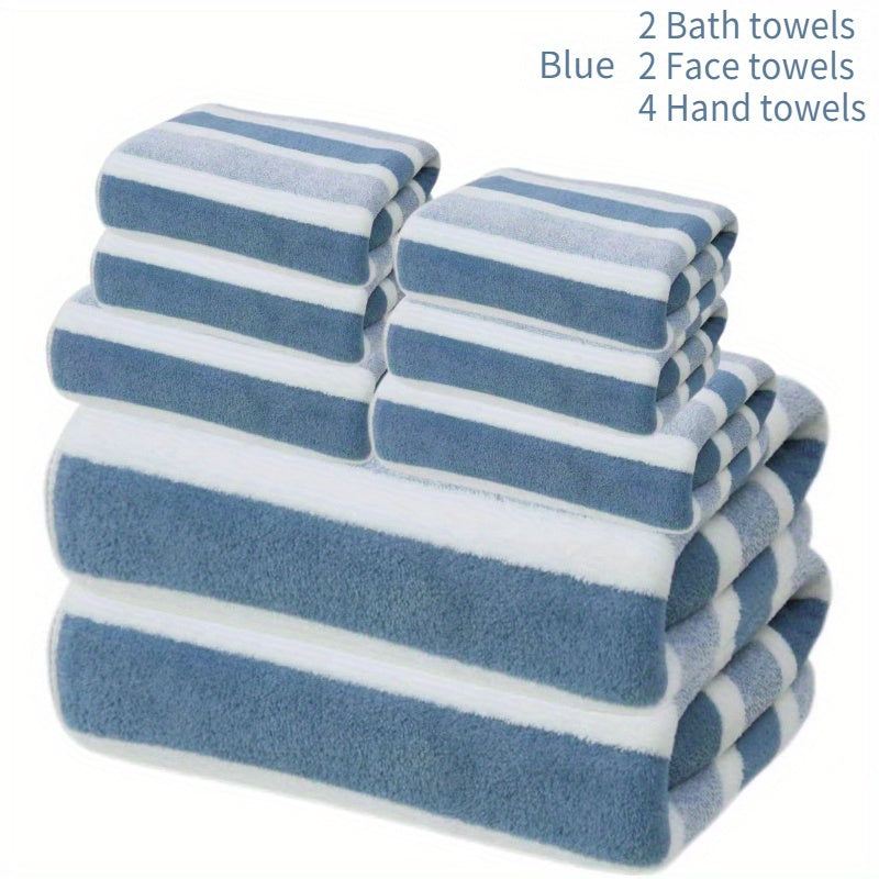8pcs Lint-Free Super Absorbent Soft Five-Star Hotel Standard Two-Color Striped Spaced Bath Towel Set, Including 2 Large Bath Towels, 2 Medium Bath Towels And 4 Small Bath Towels, Wash Cloths