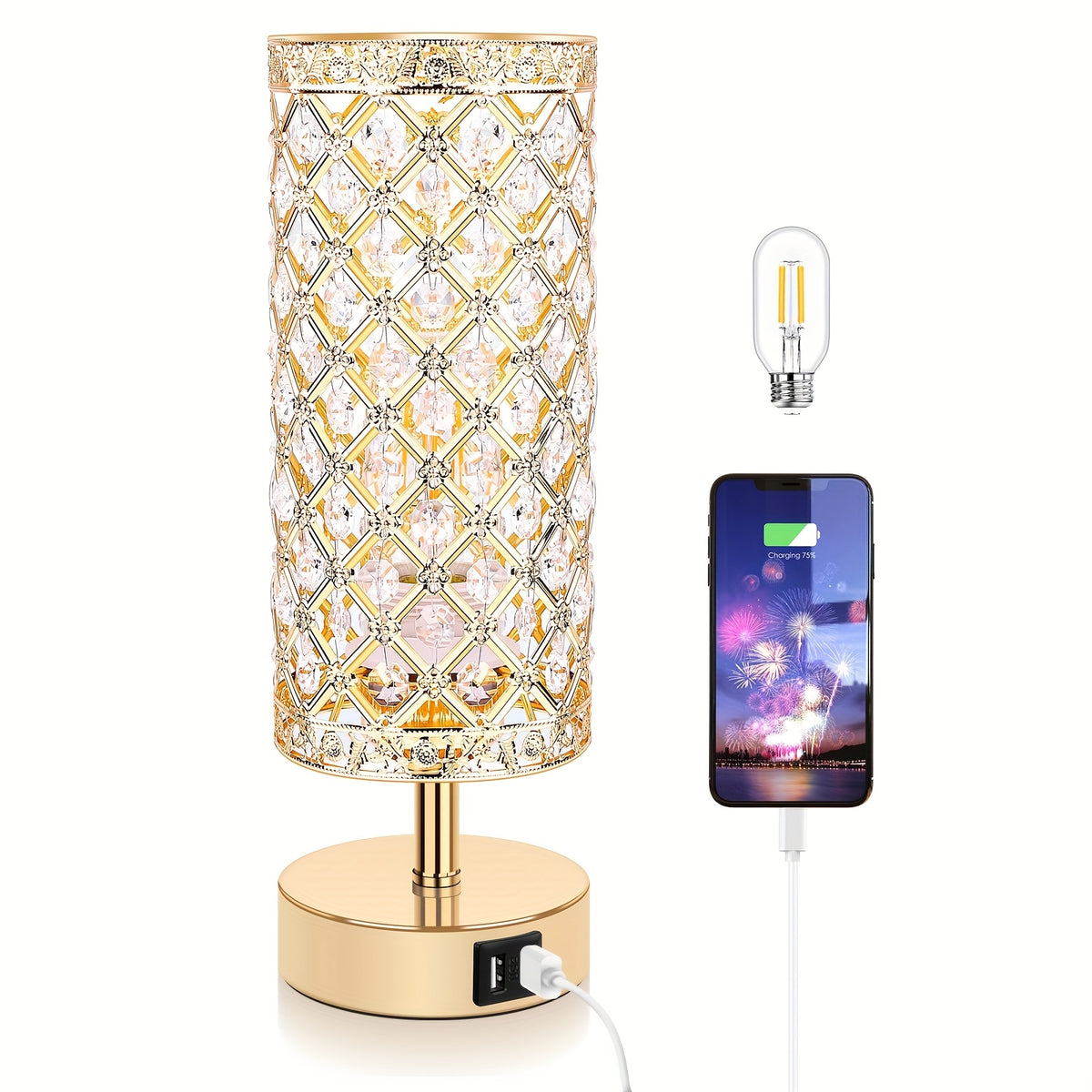Touch Control Crystal Table Lamps With 2 USB Ports, 3-Way Dimmable Bedside Nightstand Lamps With Decorative Crystal, Small Table Lamps For Bedrooms Living Room, Office, Led Bulb Included