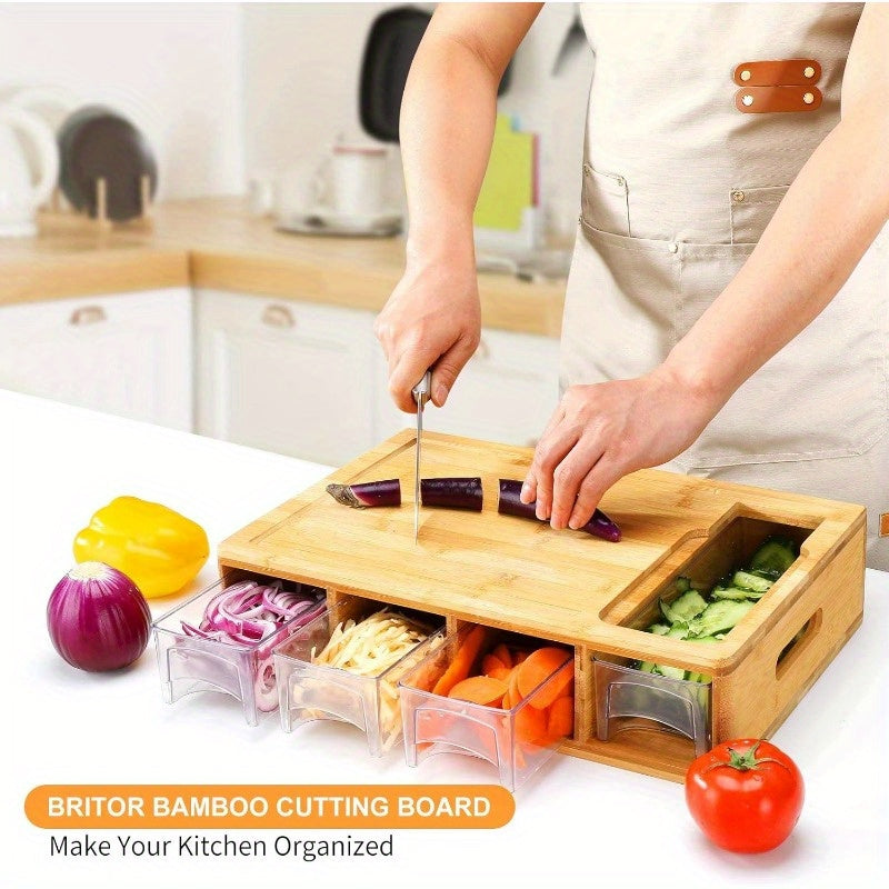 One Durable Bamboo Cutting Board Featuring Four Drawers Or Two Stainless Steel Trays, Designed with a Food Sliding Opening. This Carving Board Comes with Trays for Food Storage, Transport, And Easy Cleanup, Making It an Ideal Christmas Gift