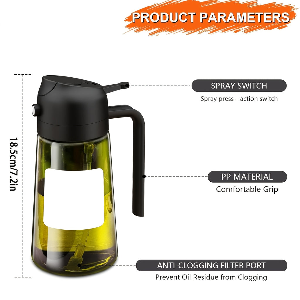 Set of 2 Glass Bottles for Olive Oil, Featuring a Dual Function for Drizzling And Spraying. The Dark Green Glass Helps to Keep The Oil Fresh by Blocking Out Light. Each Bottle Holds 16Oz/480Ml
