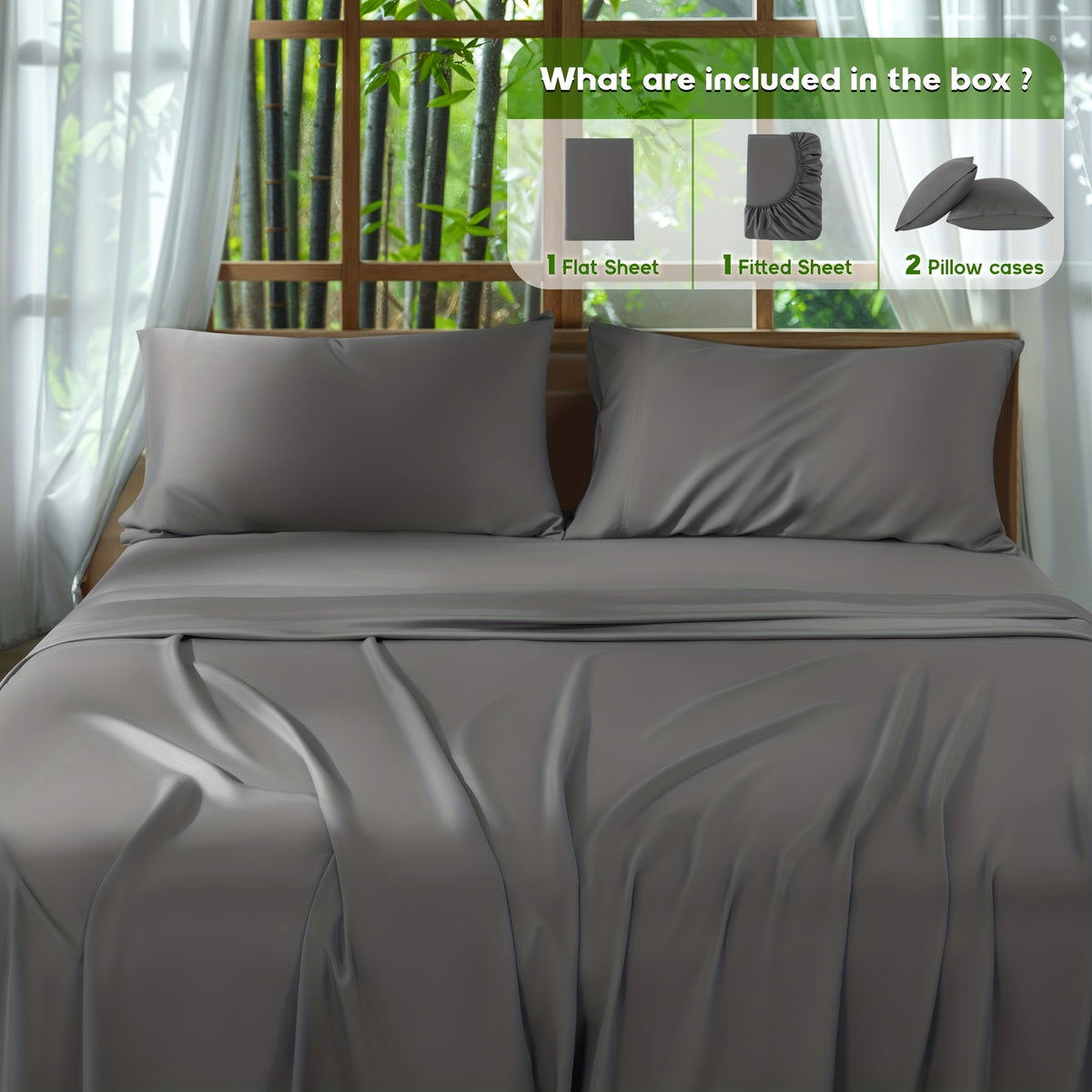4pcs 2000 Thread Count Cooling Bamboo Bed Sheets Set, Breathable Soft Hotel Bed Sheets with 16" Deep Pocket, Wrinkle & Shrink Resistant, Includes Fitted Sheet, Flat Sheet & 2 Pillowcases, All-Season Luxury Bedding for Hot Sleepers