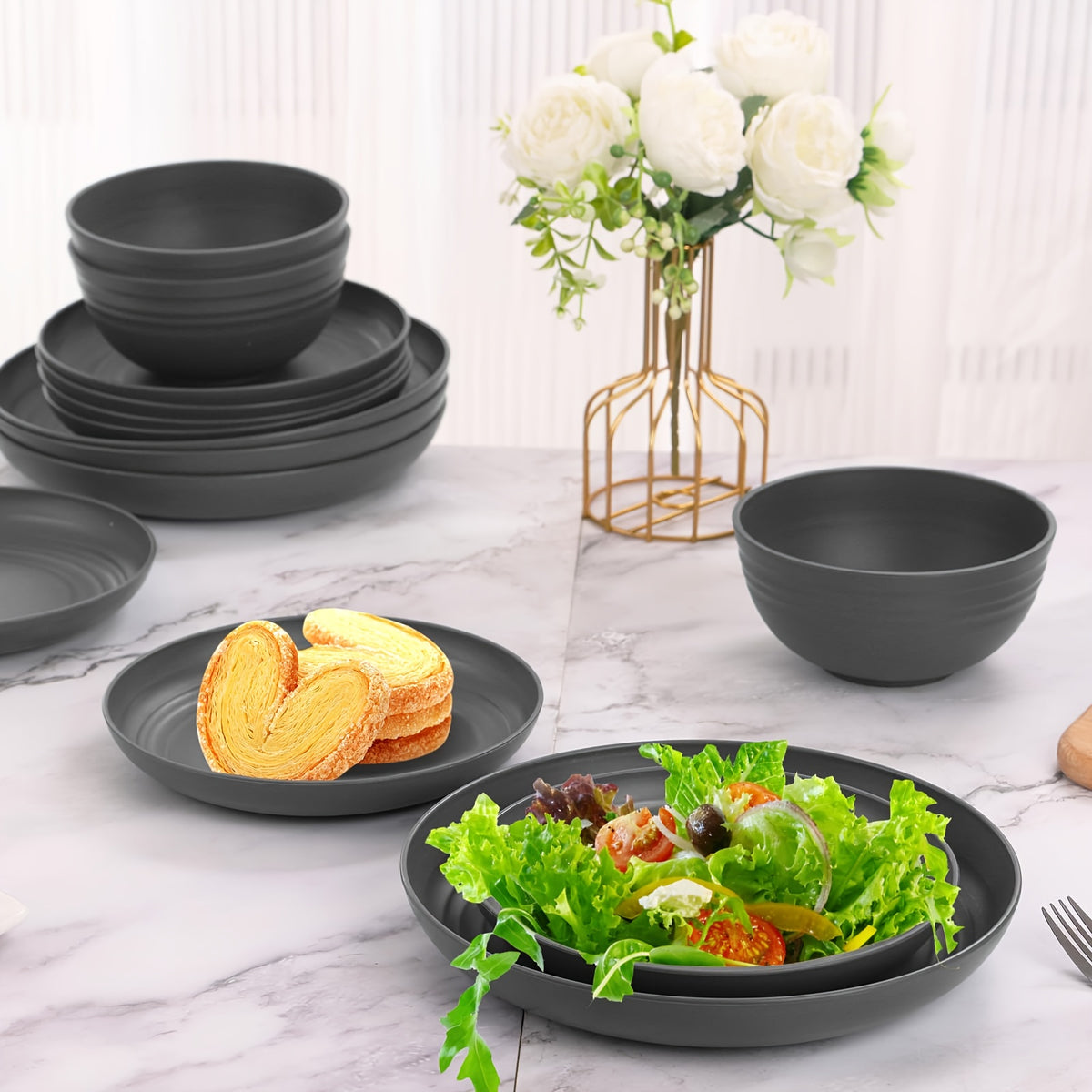 [Unbreakable Dinnerware Set] 32/16/4pcs Wheat Straw Dinnerware Set | Service for 8/4, Large Size Modern Dish Set-Plate/Dessert Plate/Bowl/Cup, Lightweight Tableware, Perfect for Camping, Gifts for Christmas/Halloween, Local Warehouse Items