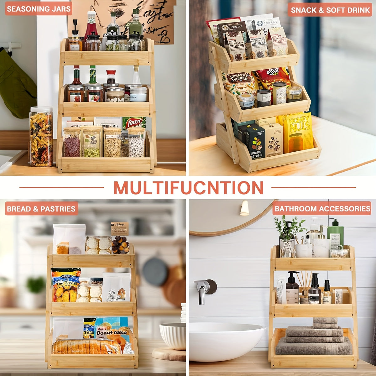 3/2-Tier Wooden Fruit Basket Stand - Large Capacity Kitchen Organizer with Open Slat Design for Vegetables, Bread & Produce | Multi-Level Countertop Storage Shelf - Easy Assembly & Natural Wood Finish