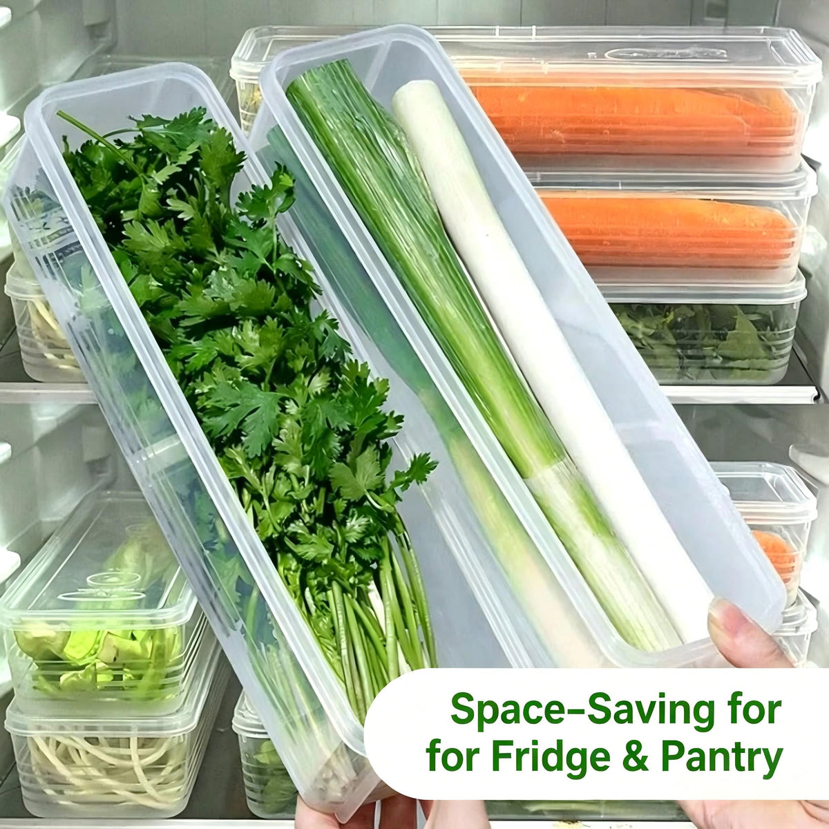 4-Pack Bpa-Free Plastic Food Storage Containers with Lids, Reusable Rectangular Refrigerator Organizer for Onions, Parsley, Coriander, Garlic, Noodles, Eggs, Hand Washable Kitchen Essentials