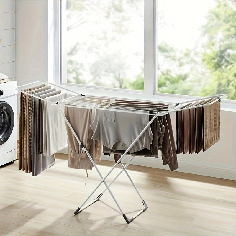 Clothes Drying Rack, Foldable 2-Level Laundry Drying Rack, Free-Standing Large Drying Rack, with Height-Adjustable Wings, Foldable for Easy Storage, White, Drying Racks